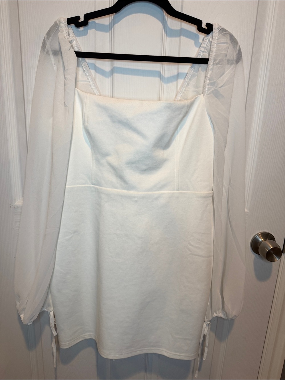 LULUS Women's White Square-Neck Mini Dress with Sheer Long Sleeves